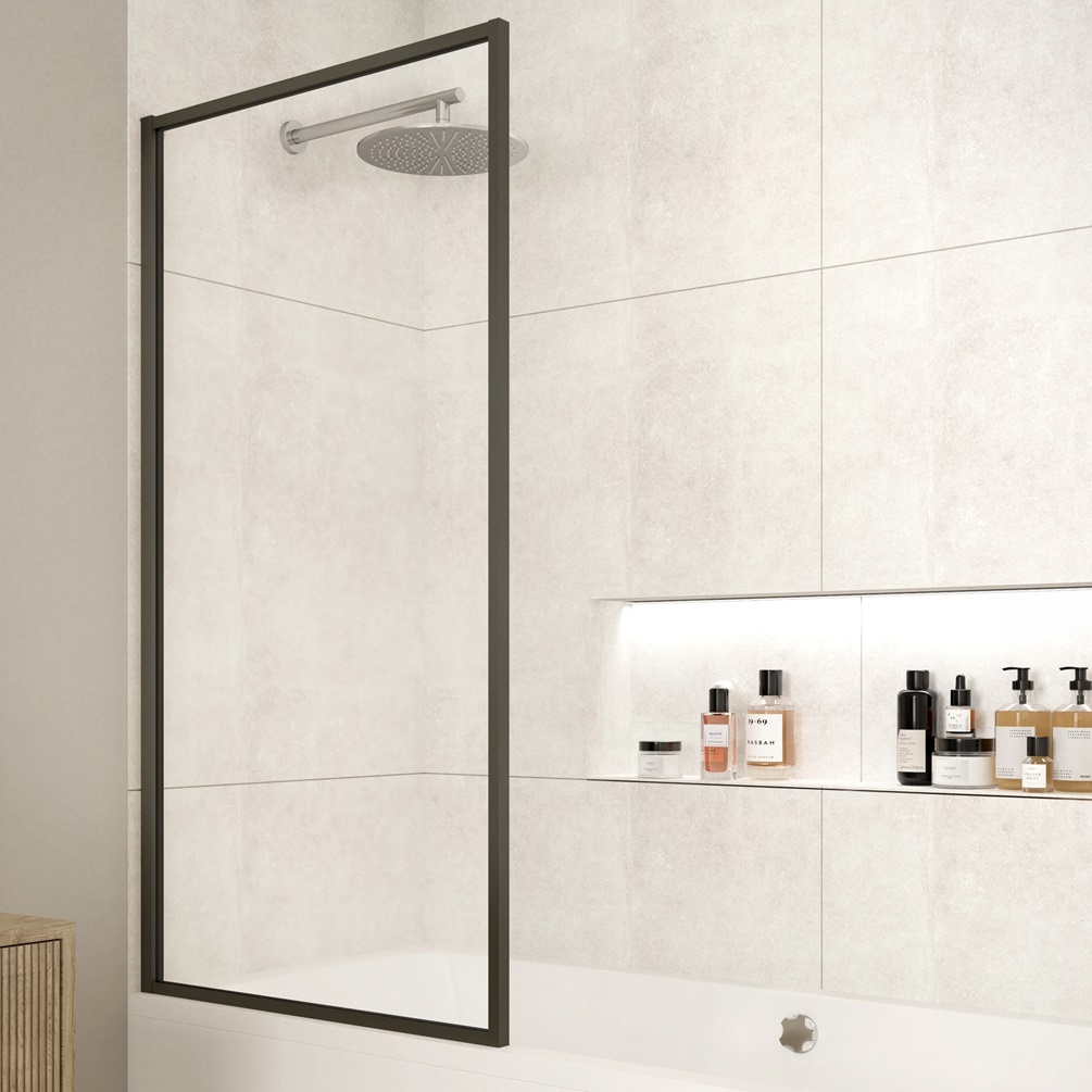 product lifestyle image close up of merlyn matt black fixed fully framed bath screen mb14mb
